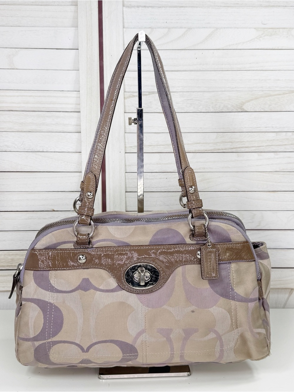 Vintage Y2K Coach Penelope Turnlock Satchel Shoulder Bag Grey Purple Jacquard